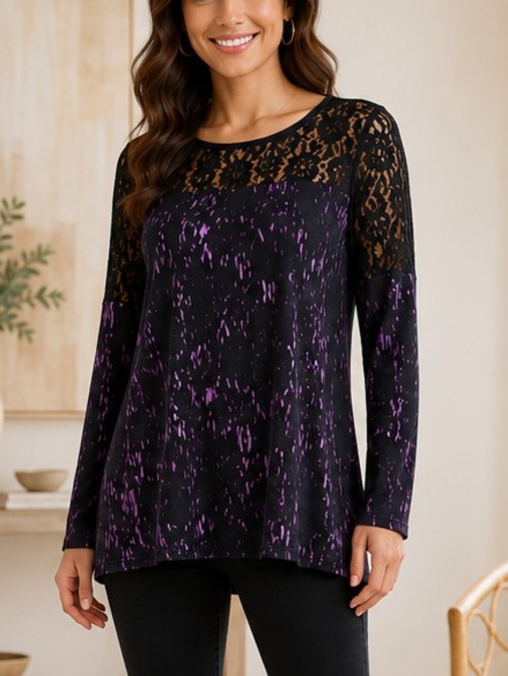 Christine Gerard Black & Plum Lace Sleeve Tunic Top – Size Medium – NWT
